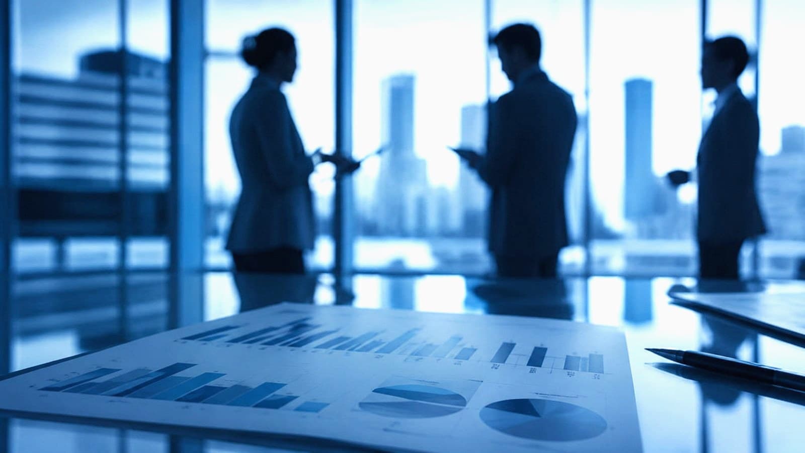 Reunión estratégica con gráficos y siluetas corporativas