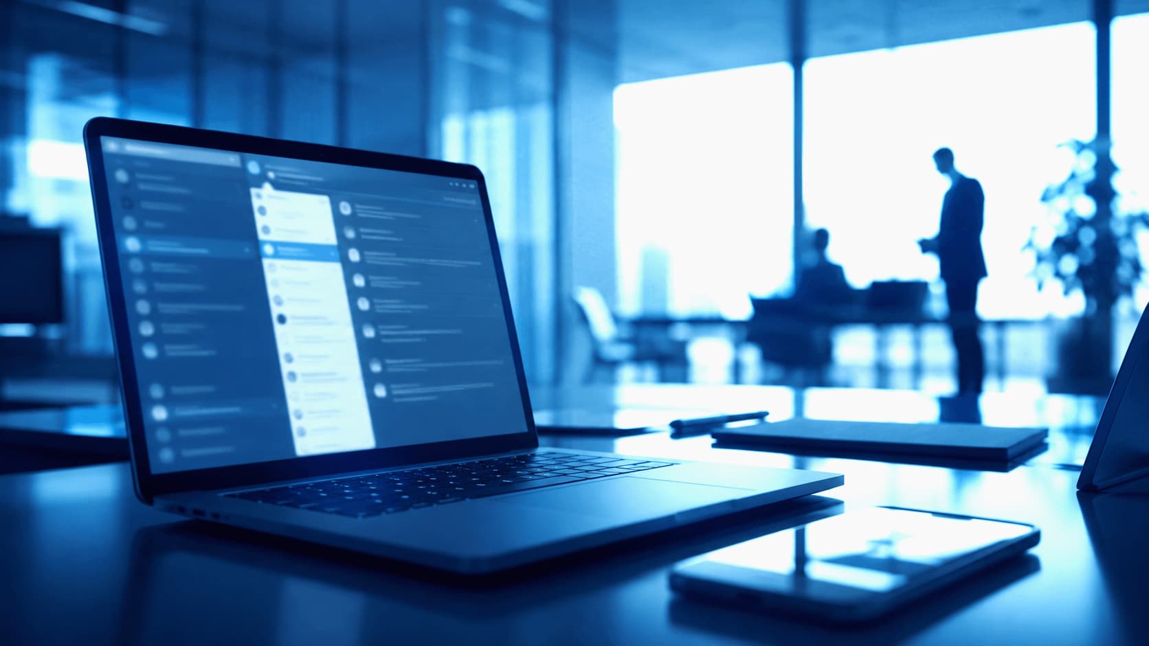 Oficina moderna con laptop y visualización de datos en tonos azules