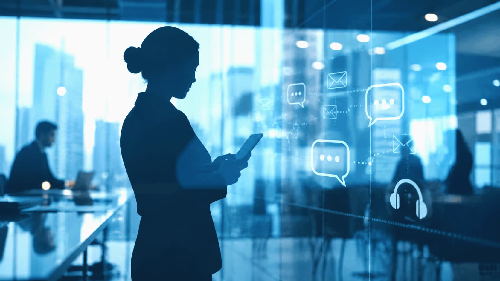 Oficina corporativa con silueta e interfaz digital de comunicaciones