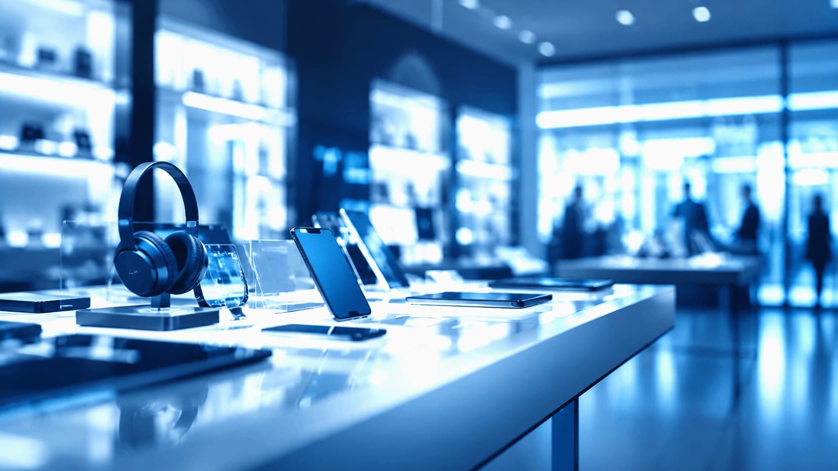 Interior de un espacio comercial moderno de retail con dispositivos exhibidos